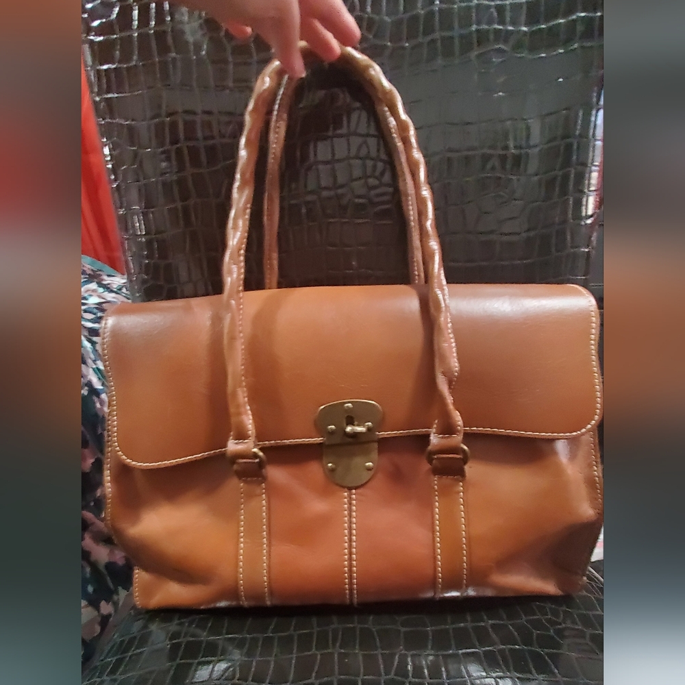 Brown Leather Handbag with Gold Clasp